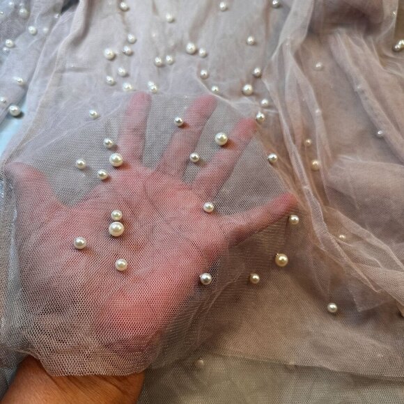 The Moon Pearl Sheer Mesh Blouse Womens Scarf Balloon Long Sleeve High Neck - Picture 9 of 16